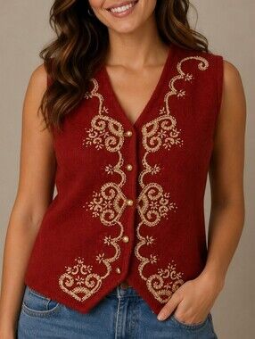 VTG KATHIE LEE 1980s Tomato Red Gold Beaded Button Down Sweater Vest